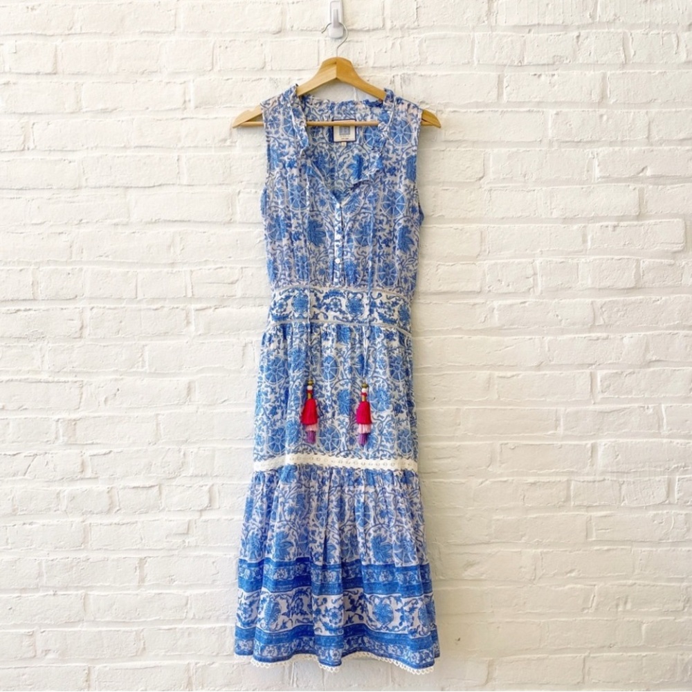 Bell by Alicia Bell || Silk Blend Block Print Tiered Midi Dress Tassels Blue M